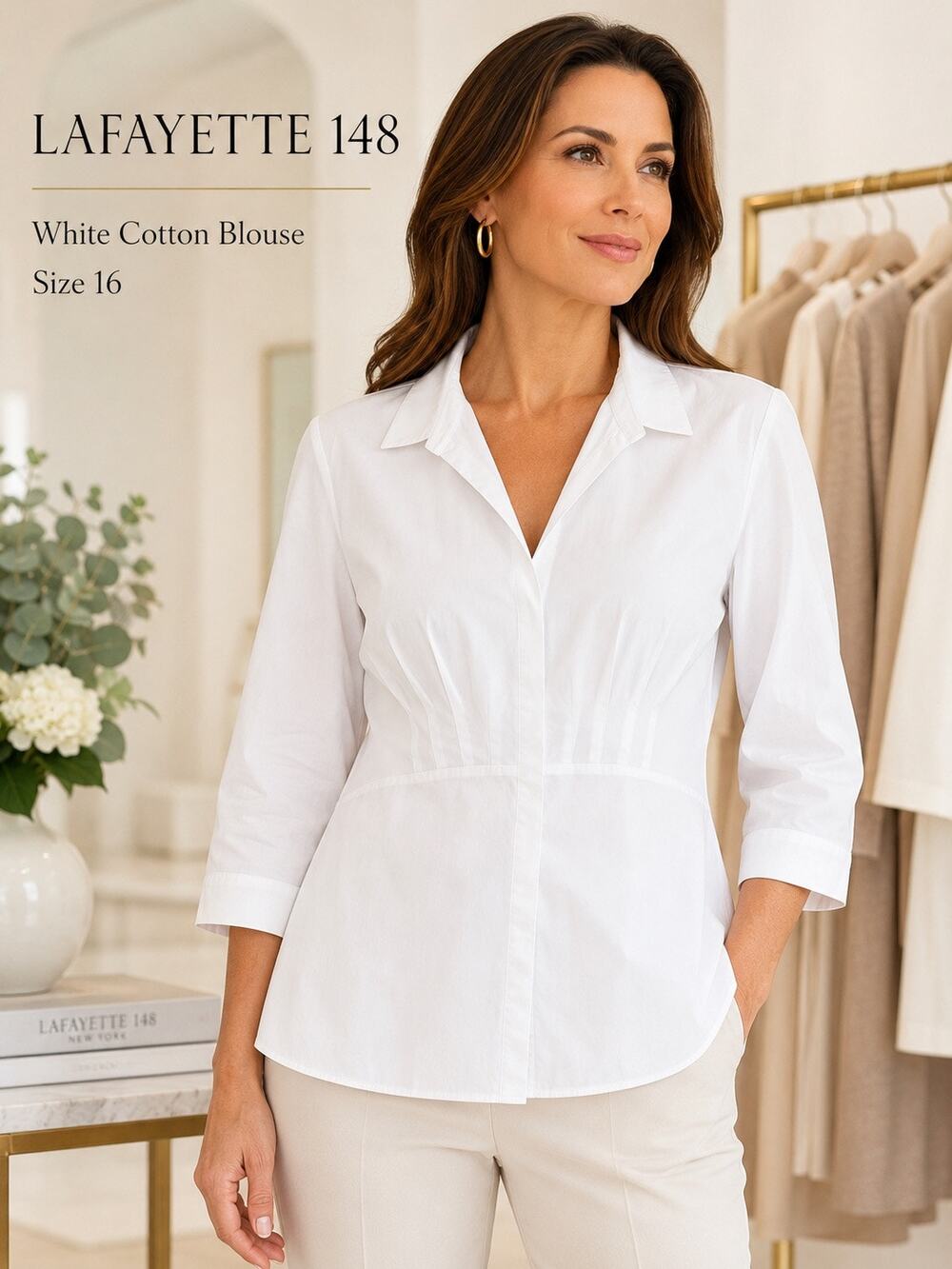 Lafayette 148 White Cotton Stretch Tailored Blouse Size 16 3/4 Sleeve